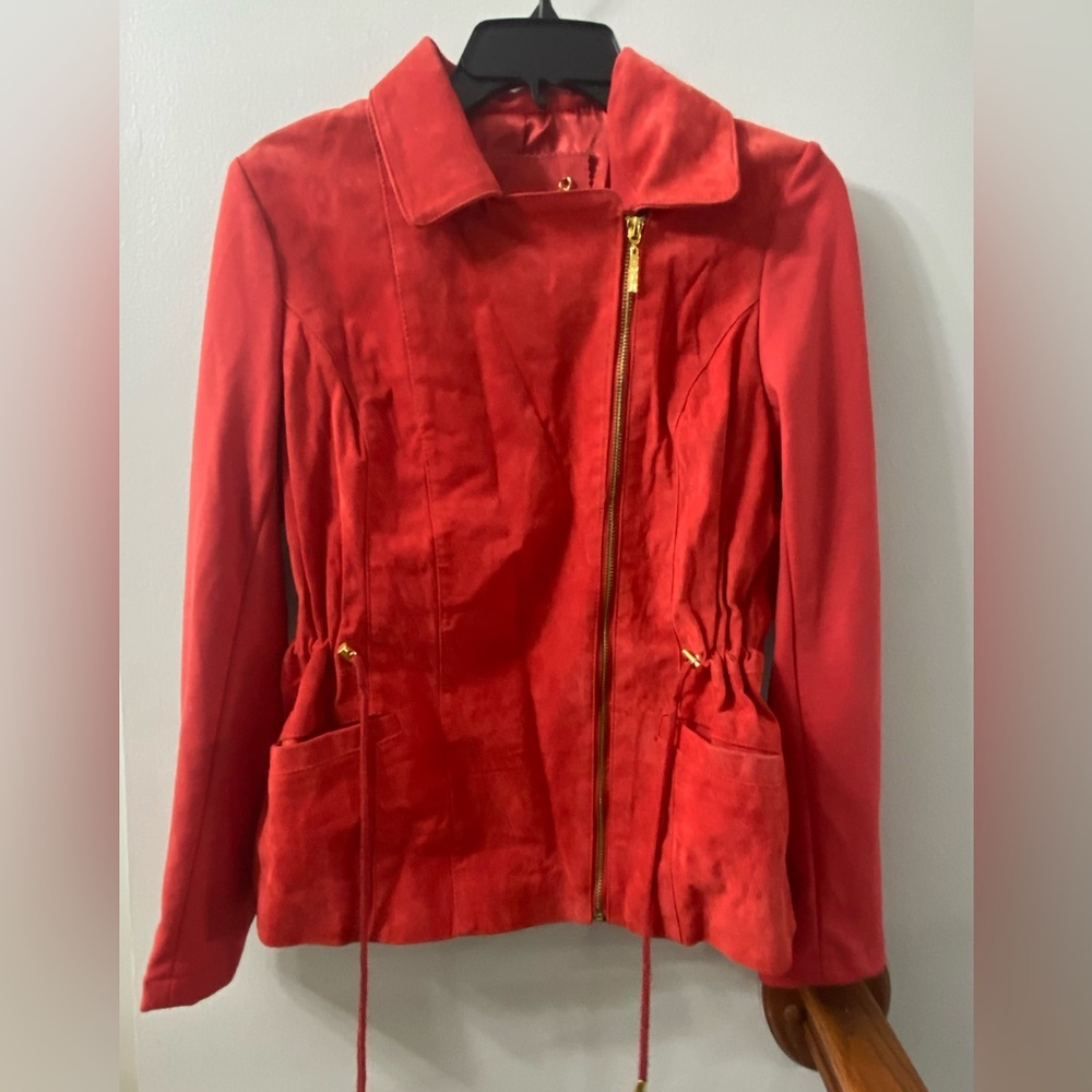 IMAN Global Chic Red Genuine Suede Moto Jacket Sz Small